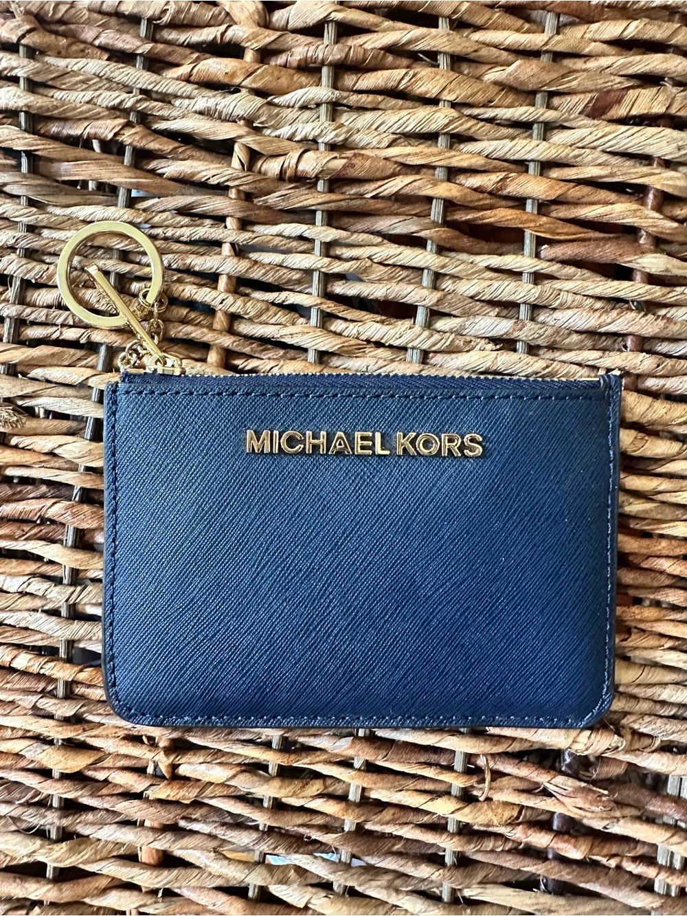 Michael Kors Navy Saffiano Leather Card Holder with Gold Keyring